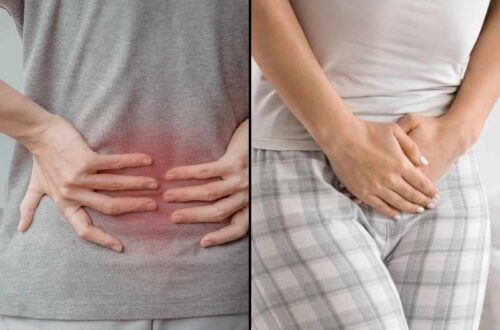 dos imágenes, en una mujer tocándose la espalda baja y en otras con las manos tocándose el abdomen mostrando molestias al orinar